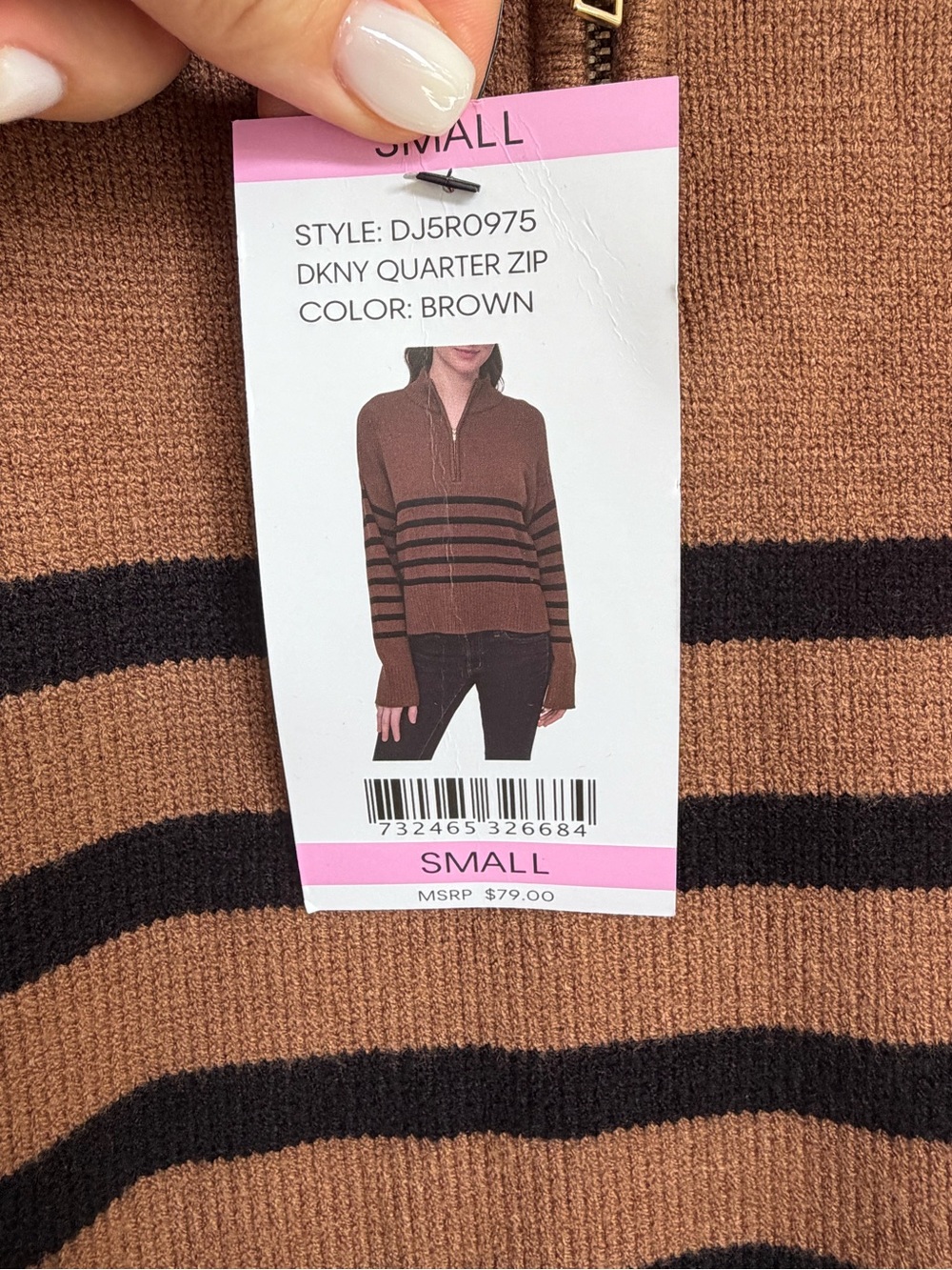 NEW Women's Brown Black Stripe DKNY Quarter Zip Sweater Size S - Picture 4 of 13